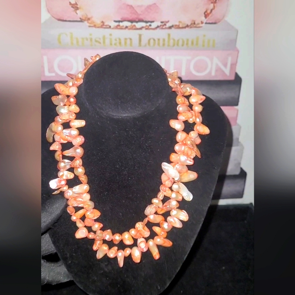 Vtg GENUINE PEARL BAROQUE LONG NECKLACE In SALMON COLOR ALREADY CLEANED EUC